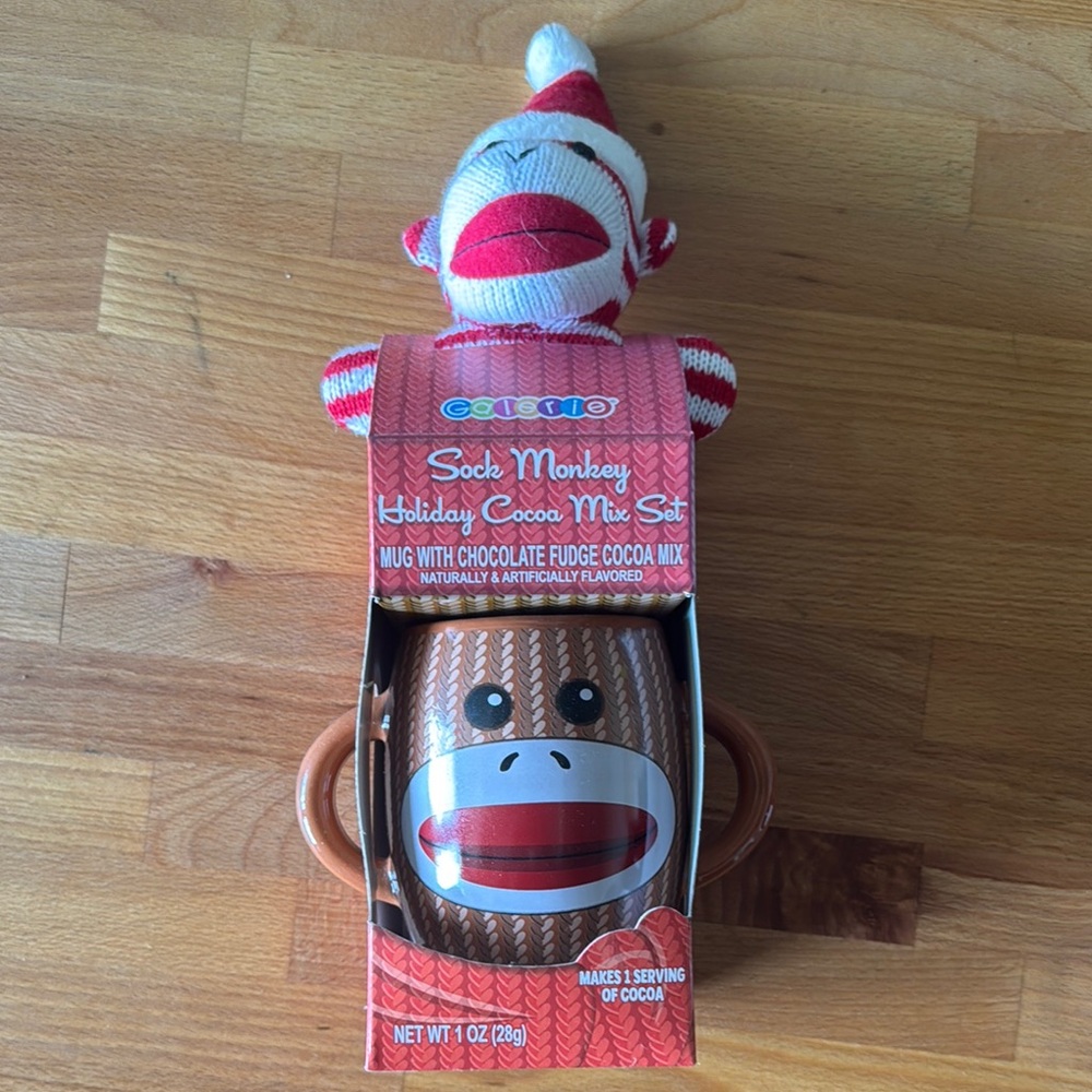 Sock Monkey Holiday Cocoa Mug Set - Red and Brown